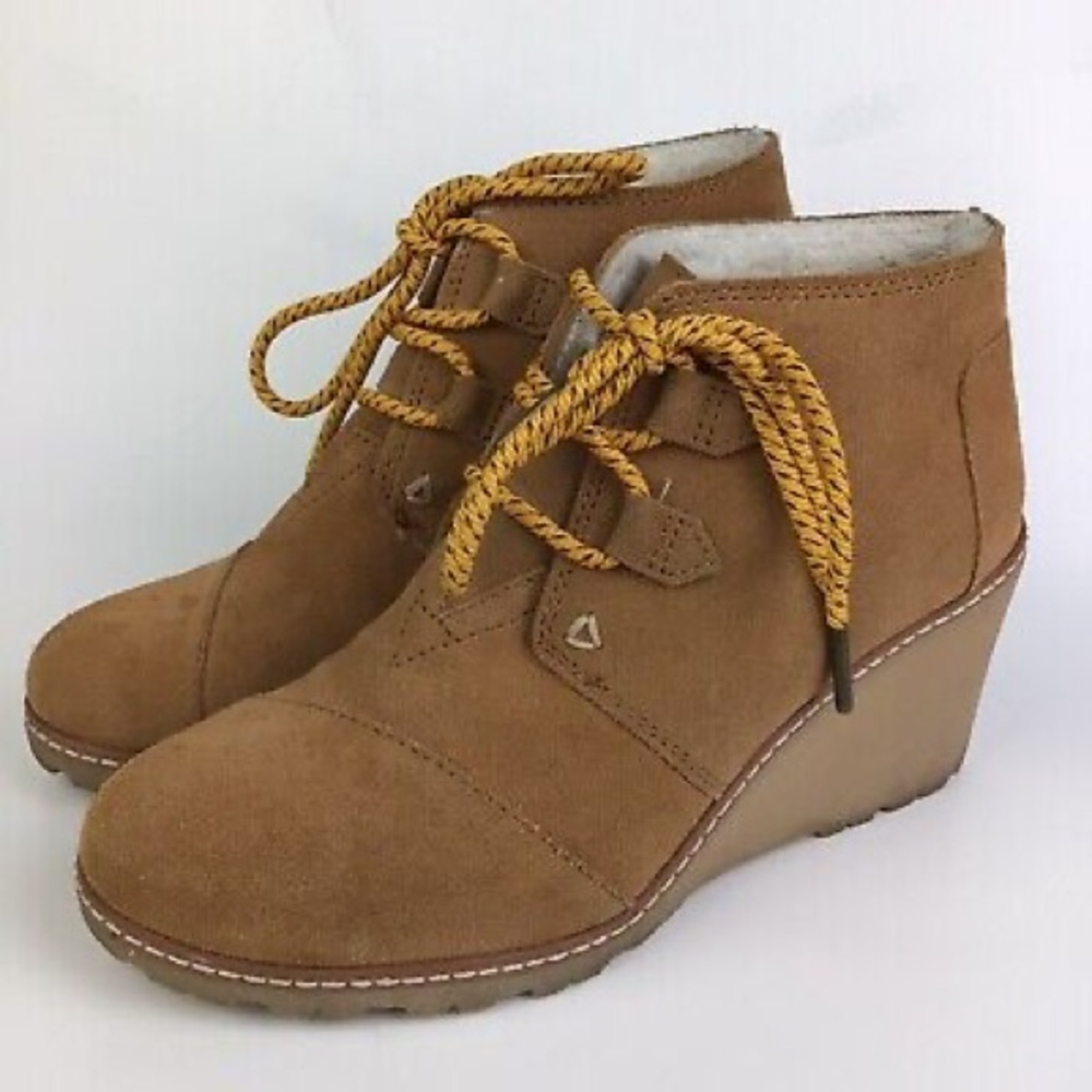 Toms Women Desert Wedge Leather Suede Ankle Boots Faux Fur Lining Size 9